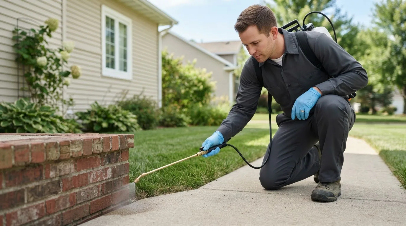 Pest control technician treating a home near Comstock, MN