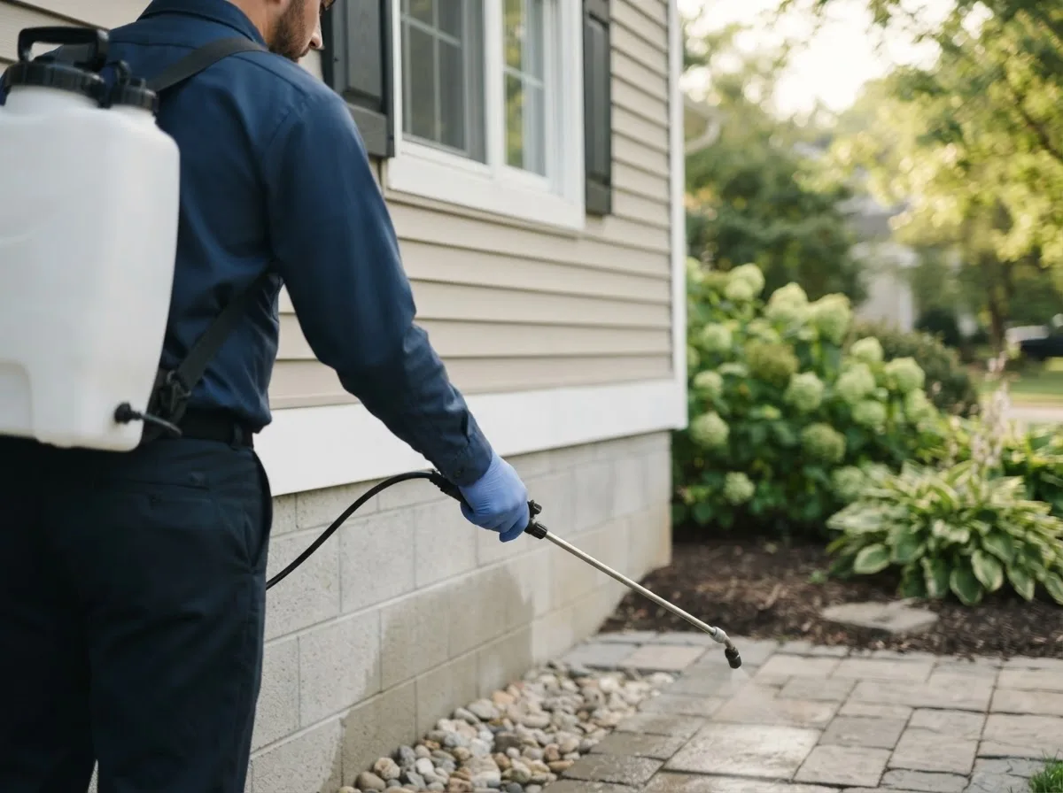 Pest control technician inspecting a home in Comstock, MN